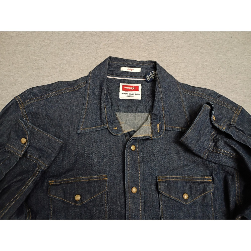 Wrangler Indigo Denim Western Shirt Dark Wash Pearl Snap Front L Prairie Cowboy